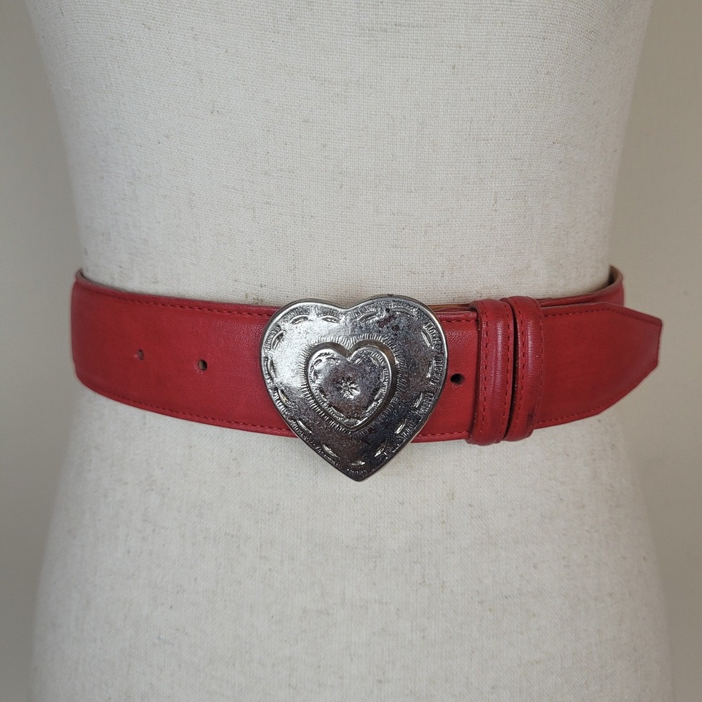 Vintage Harken Belt Small Red Leather Heart Buckle Western Cowgirl Boho USA 90s